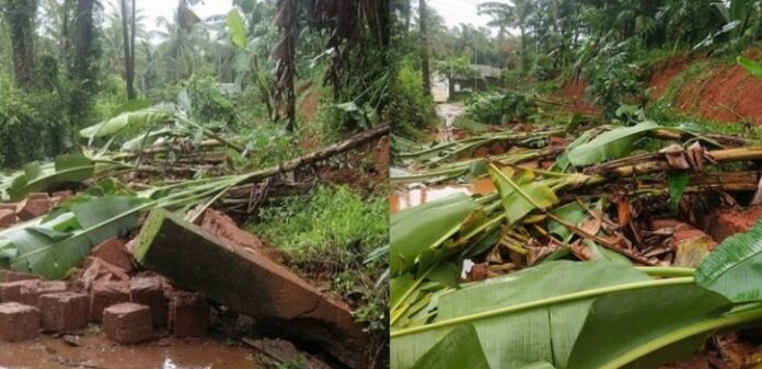 Kadaba Balya government primary school road compound wall landslide rain damage