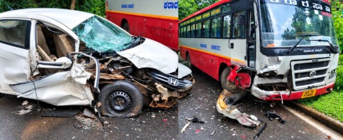 Dharmasthala Ujire highway Mannasanka KSRTC bus car accident driver Anantharam injured