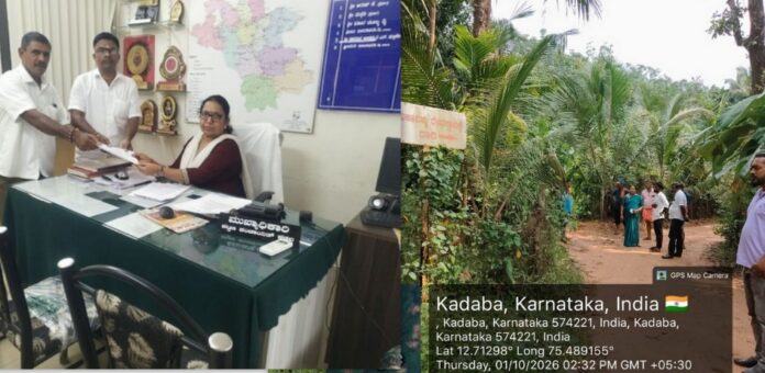 Kodimbala villagers submit complaint to Kadaba Tahsildar regarding Dentaru public road encroachment by planting coconut trees